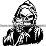 Black And White Skull Skeleton Holding Gun Vector Design Element BW Death Head Skeleton Dead Face Horror Human Bone Evil Tattoo Grunge Scary Gothic Art Logo Clipart SVG