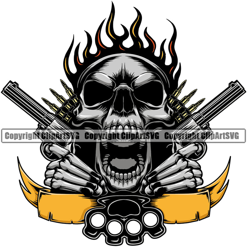 Silver Color Skull Skeleton Open Face And Cross Hand Holding Gun Vector Color Face Design Element White Background Death Head Skeleton Dead Face Horror Human Bone Evil Tattoo Grunge Scary Gothic Art Logo Clipart SVG