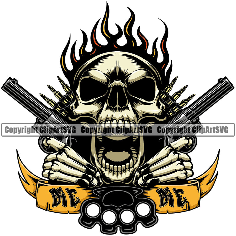 Skull Skeleton Yellow Color Face Cross Hand Holding Guns Fire Brass Knuckles Design Element Death Head Skeleton Dead Face Horror Human Bone Evil Tattoo Grunge Scary Gothic Art Logo Clipart SVG