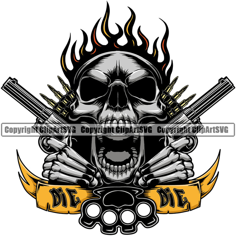 Black And White Skull Skeleton Yellow Color Face Cross Hand Holding Guns Fire Brass And Color Ribbons Knuckles Design Element Death Head Skeleton Dead Face Horror Human Bone Evil Tattoo Grunge Scary Gothic Art Logo Clipart SVG