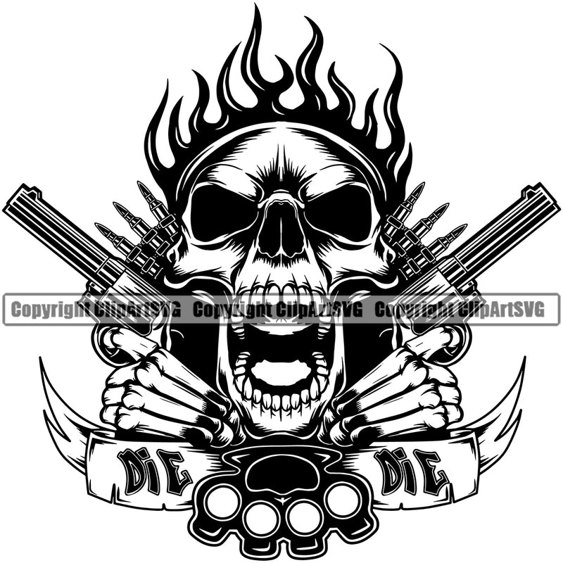 Black And White Skull Skeleton Yellow Color Face Cross Hand Holding Guns Fire Brass And Black Ribbons Knuckles Design Element Death Head Skeleton Dead Face Horror Human Bone Evil Tattoo Grunge Scary Gothic Art Logo Clipart SVG