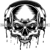 Skull Skeleton Half Face And Wearing Headphones Black And White Blood Dripping BW Death Head Skeleton Dead Face Horror Human Bone Evil Tattoo Grunge Scary Gothic Art Logo Clipart SVG