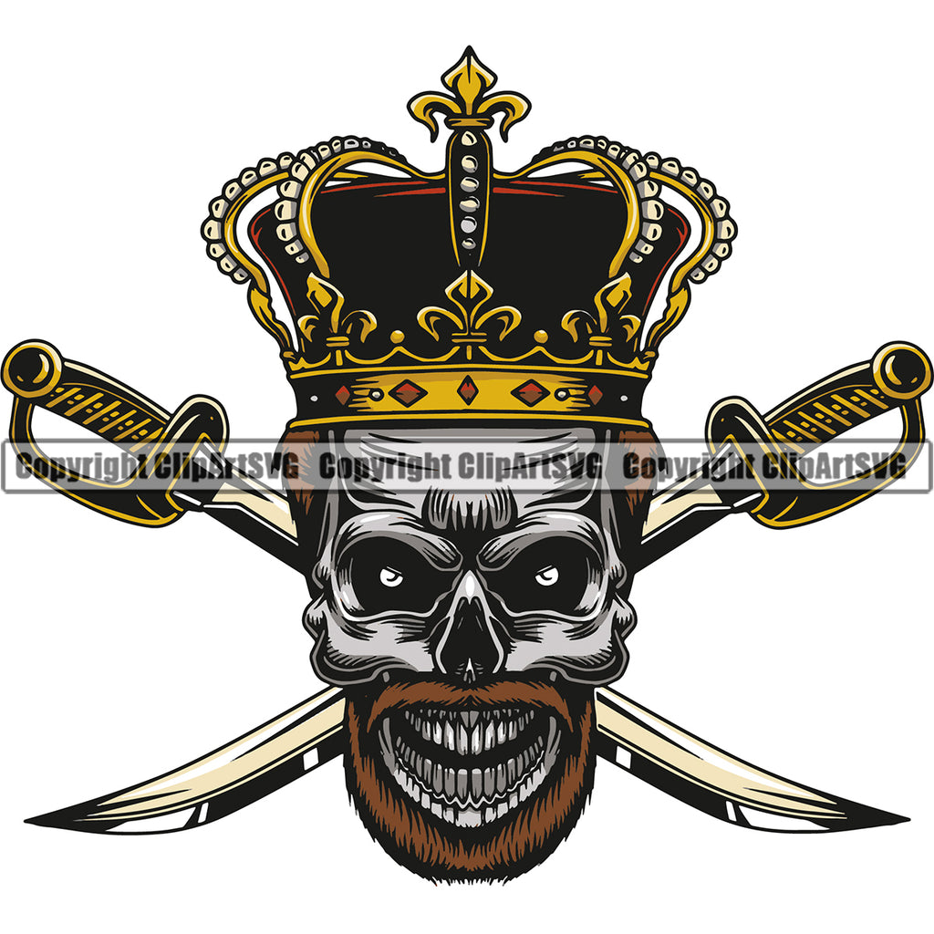 Skull Skeleton Head And Crown On Head Vector Sword Crossed Design Element White Background Death Head Skeleton Dead Face Horror Human Bone Evil Tattoo Grunge Scary Gothic Art Logo Clipart SVG