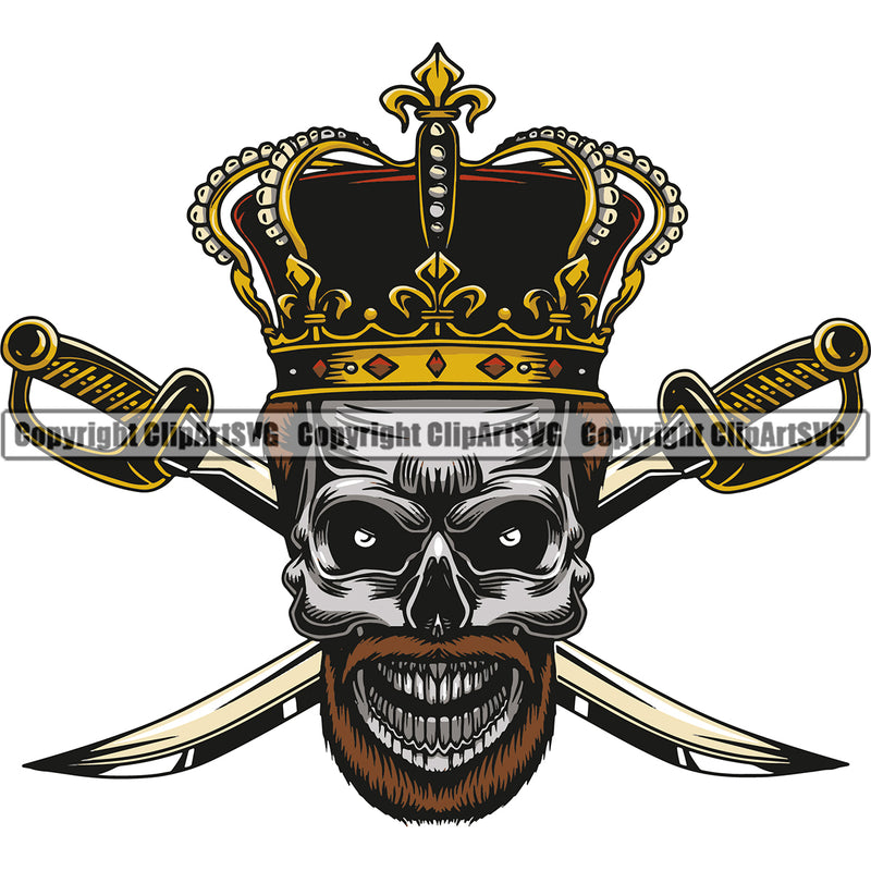 Skull Skeleton Head And Crown On Head Vector Sword Crossed Design Element White Background Death Head Skeleton Dead Face Horror Human Bone Evil Tattoo Grunge Scary Gothic Art Logo Clipart SVG