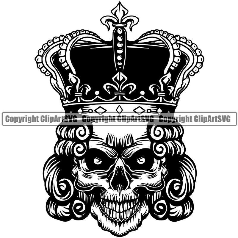 Black And White Skull Skeleton Crown On Head Vector Design Element Death Head Skeleton Dead Face Horror Human Bone Evil Tattoo Grunge Scary Gothic Art Logo Clipart SVG