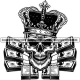 Black And White Skull Skeleton Crown On Head And Money Bundle Design Element BW Death Head Skeleton Dead Face Horror Human Bone Evil Tattoo Grunge Scary Gothic Art Logo Clipart SVG
