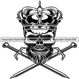 Black And White Skull Skeleton Crossed Sword Design Element BW Death Crown On Head Skeleton Dead Face Horror Human Bone Evil Tattoo Grunge Scary Gothic Art Logo Clipart SVG