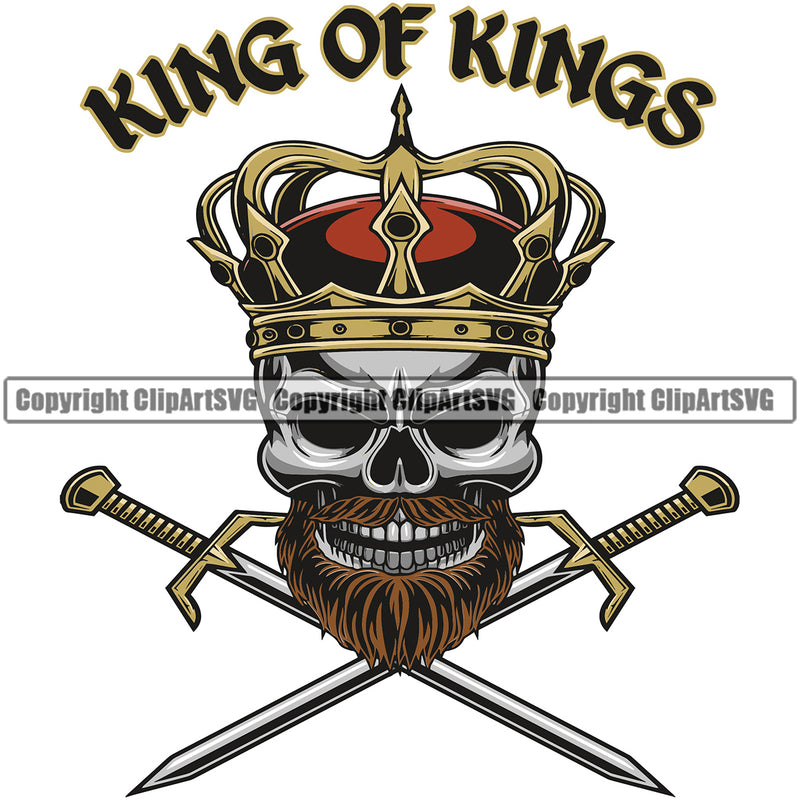 King Of Kings Skull Skeleton Crossed Sword Color Design Element Death Crown On Head Skeleton Dead Face Horror Human Bone Evil Tattoo Grunge Scary Gothic Art Logo Clipart SVG