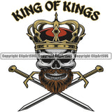 King Of Kings Skull Skeleton Crossed Sword Color Design Element Death Crown On Head Skeleton Dead Face Horror Human Bone Evil Tattoo Grunge Scary Gothic Art Logo Clipart SVG