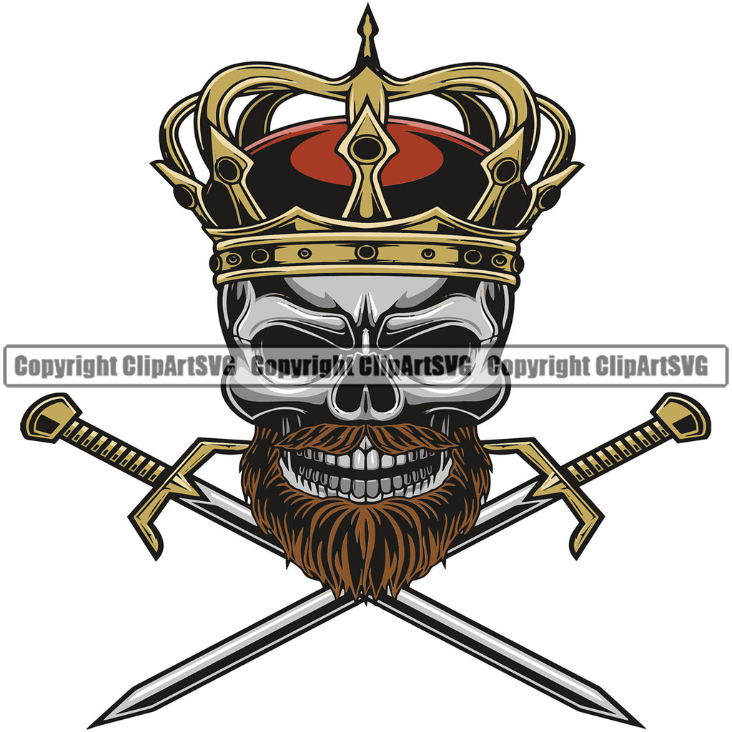 Skull Skeleton Crown On Head Vector Sword Crossed Design Element White Background Death Head Skeleton Dead Face Horror Human Bone Evil Tattoo Grunge Scary Gothic Art Logo Clipart SVG