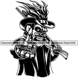 Black And White Devil Skull Holding Shotgun Shoeing Middle Finger Hand Sign BW Design Element Death Head Skeleton Dead Face Horror Human Bone Evil Tattoo Grunge Scary Gothic Art Logo Clipart SVG