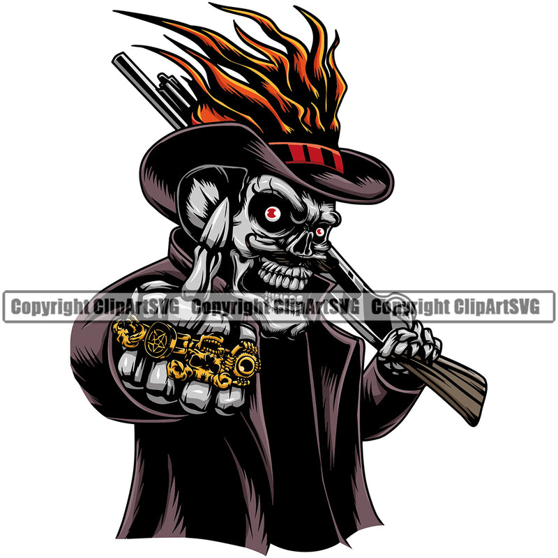 Devil Skull Holding Shotgun Shoeing Middle Finger Hand Sign Color Design Element Death Head Skeleton Dead Face Horror Human Bone Evil Tattoo Grunge Scary Gothic Art Logo Clipart SVG