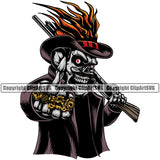Devil Skull Holding Shotgun Shoeing Middle Finger Hand Sign Color Design Element Death Head Skeleton Dead Face Horror Human Bone Evil Tattoo Grunge Scary Gothic Art Logo Clipart SVG