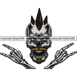 Skull Skeleton Rockstar Rock And Roll Hand Sign Design Element White Background Death Head Skeleton Dead Face Horror Human Bone Evil Tattoo Grunge Scary Gothic Art Logo Clipart SVG