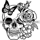 Skull Skeleton Butterfly On Head And Side Face Flower Design Element Vector Cute Female Skull EMO Dead Death Skeleton Tattoo Vintage Retro Horror Woman Gothic Girl Pretty Lady Art Logo Clipart SVG