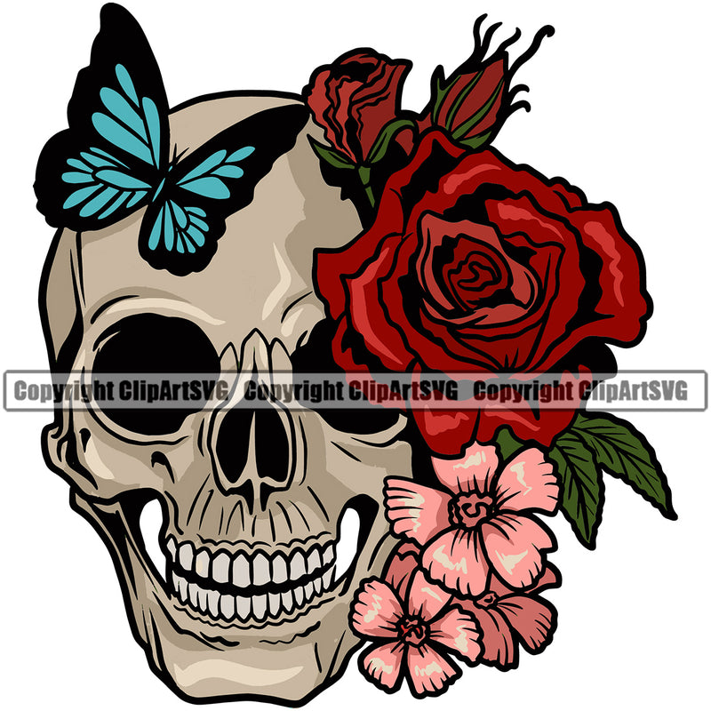 Skull Skeleton Butterfly On Head Color Design Smile Face And Side Face Flower Design Element Vector Cute Female Skull EMO Dead Death Skeleton Tattoo Vintage Retro Horror Woman Gothic Girl Pretty Lady Art Logo Clipart SVG