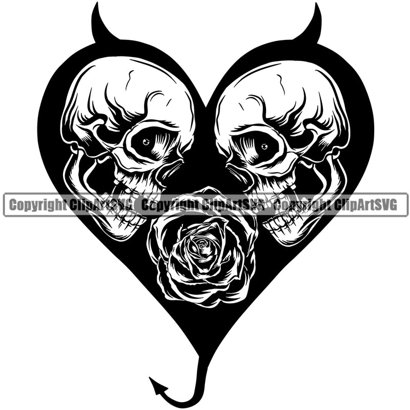 Skull Rose Heart Devil Horns Tail Love Cute Black And White Design Element Female Skull EMO Dead Death Skeleton Tattoo Vintage Retro Horror Woman Gothic Girl Pretty Lady Art Logo Clipart SVG