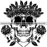 Skull Skeleton Head Crossed Rose Black And White Design Element Flower On Head Cute Female Skull EMO Dead Death Skeleton Tattoo Vintage Retro Horror Woman Gothic Girl Pretty Lady Art Logo Clipart SVG