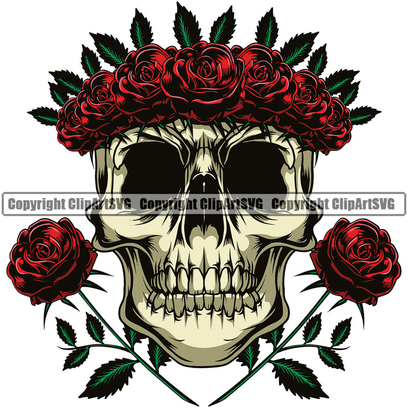 Skull Skeleton Color Head Crossed Rose Design Element Flower On Head Cute Female Skull EMO Dead Death Skeleton Tattoo Vintage Retro Horror Woman Gothic Girl Pretty Lady Art Logo Clipart SVG