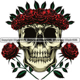 Skull Skeleton Color Head Crossed Rose Design Element Flower On Head Cute Female Skull EMO Dead Death Skeleton Tattoo Vintage Retro Horror Woman Gothic Girl Pretty Lady Art Logo Clipart SVG