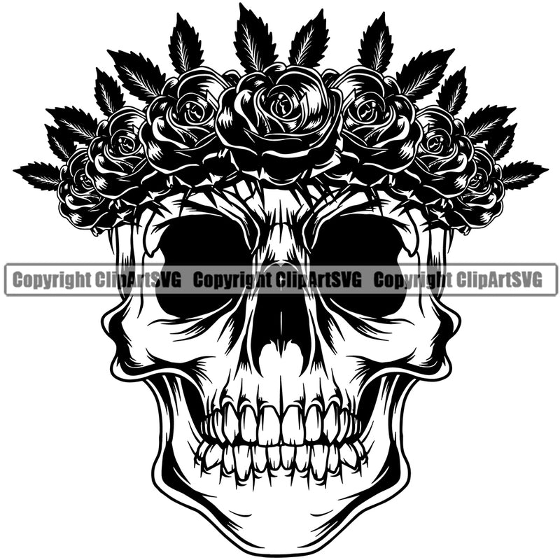 Skull Skeleton Head Flower Roses And Leaves Black And White Design Element Cute Female Skull EMO Dead Death Skeleton Tattoo Vintage Retro Horror Woman Gothic Girl Pretty Lady Art Logo Clipart SVG