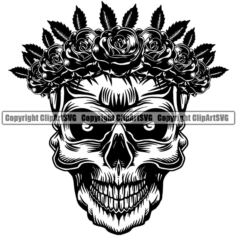 Cute Female Skull Skeleton Head Roses And Flower Leaves Design Element Black And White BW EMO Dead Death Skeleton Tattoo Vintage Retro Horror Woman Gothic Girl Pretty Lady Art Logo Clipart SVG