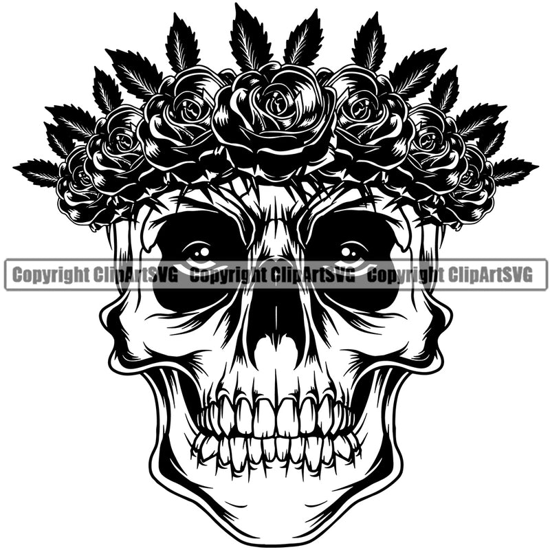 Angry Face Cute Female Skull Skeleton Head Roses And Flower Leaves Design Element Black And White BW EMO Dead Death Skeleton Tattoo Vintage Retro Horror Woman Gothic Girl Pretty Lady Art Logo Clipart SVG