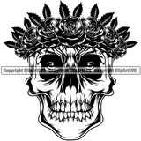 Angry Face Cute Female Skull Skeleton Head Roses And Flower Leaves Design Element Black And White BW EMO Dead Death Skeleton Tattoo Vintage Retro Horror Woman Gothic Girl Pretty Lady Art Logo Clipart SVG