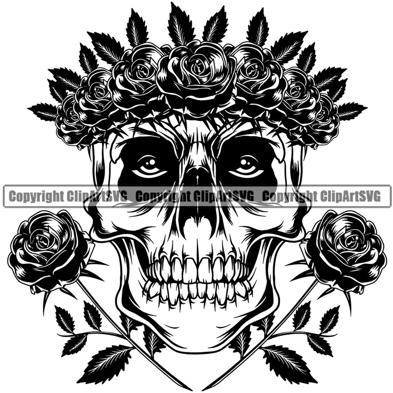 Crossed Flower Roses Angry Face Cute Female Skull Skeleton Head Roses And Flower Leaves Design Element Black And White BW EMO Dead Death Skeleton Tattoo Vintage Retro Horror Woman Gothic Girl Pretty Lady Art Logo Clipart SVG