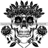 Crossed Flower Roses Angry Face Cute Female Skull Skeleton Head Roses And Flower Leaves Design Element Black And White BW EMO Dead Death Skeleton Tattoo Vintage Retro Horror Woman Gothic Girl Pretty Lady Art Logo Clipart SVG
