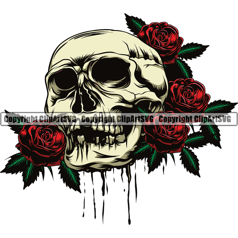 Skull Skeleton Head Roses Flower Blood Dripping Vector Design Element Death Head Skeleton Dead Face Horror Human Bone Evil Tattoo Grunge Scary Gothic Art Logo Clipart SVG