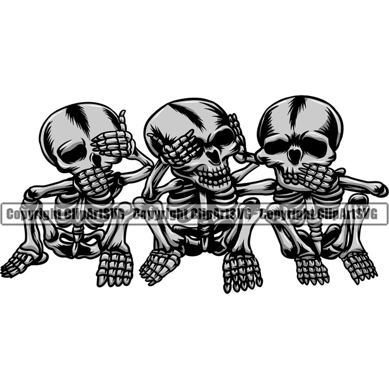 People Skull See Hear Speak No Evil Sitting Pose Vector Design Element Death Head Skeleton Dead Face Horror Human Bone Evil Tattoo Grunge Scary Gothic Art Logo Clipart SVG