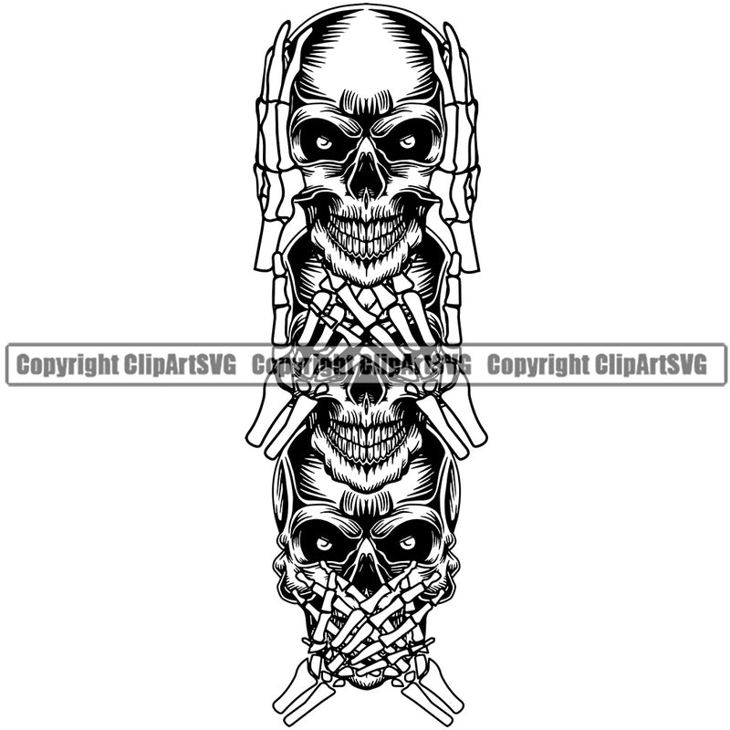 People Skull See Hear Speak No Evil Hands Bones Paler BW Design Element Death Head Skeleton Dead Face Horror Human Bone Evil Tattoo Grunge Scary Gothic Art Logo Clipart SVG