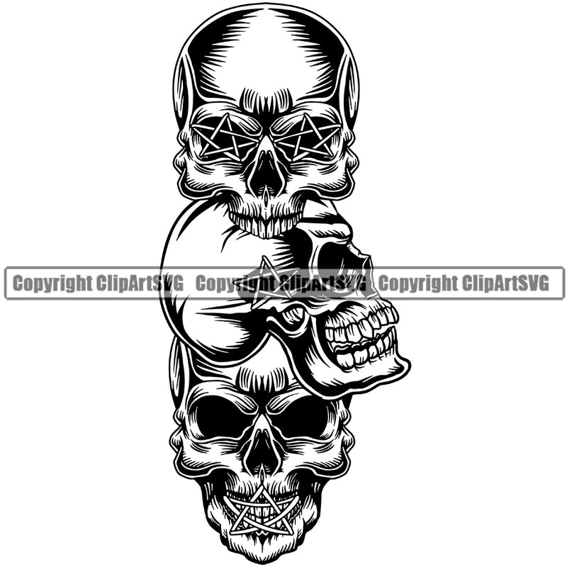 Skull See Hear Speak No Evil Stitches Laces Vector Black And White Color Death Head Skeleton Dead Face Horror Human Bone Evil Tattoo Grunge Scary Gothic Art Logo Clipart SVG