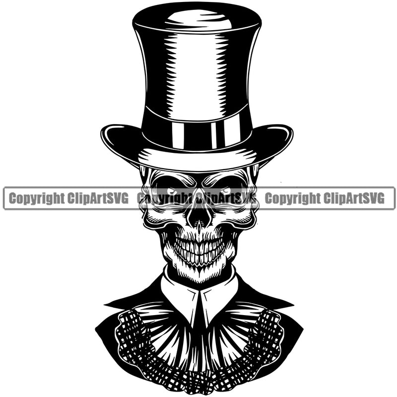 Black And White People Skull Skeleton Wearing Top Hat Design Element Death Head Skeleton Dead Face Horror Human Bone Evil Tattoo Grunge Scary Gothic Art Logo Clipart SVG