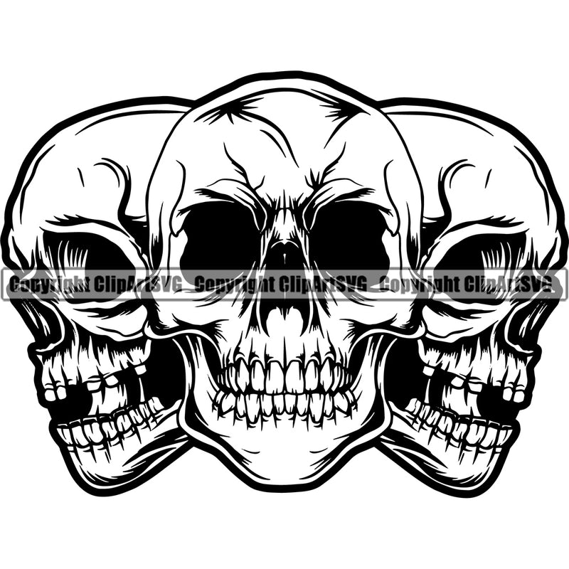 Black And White Skull Skeleton Triple Black And White Design Element Death Head Skeleton Dead Face Horror Human Bone Evil Tattoo Grunge Scary Gothic Art Logo Clipart SVG