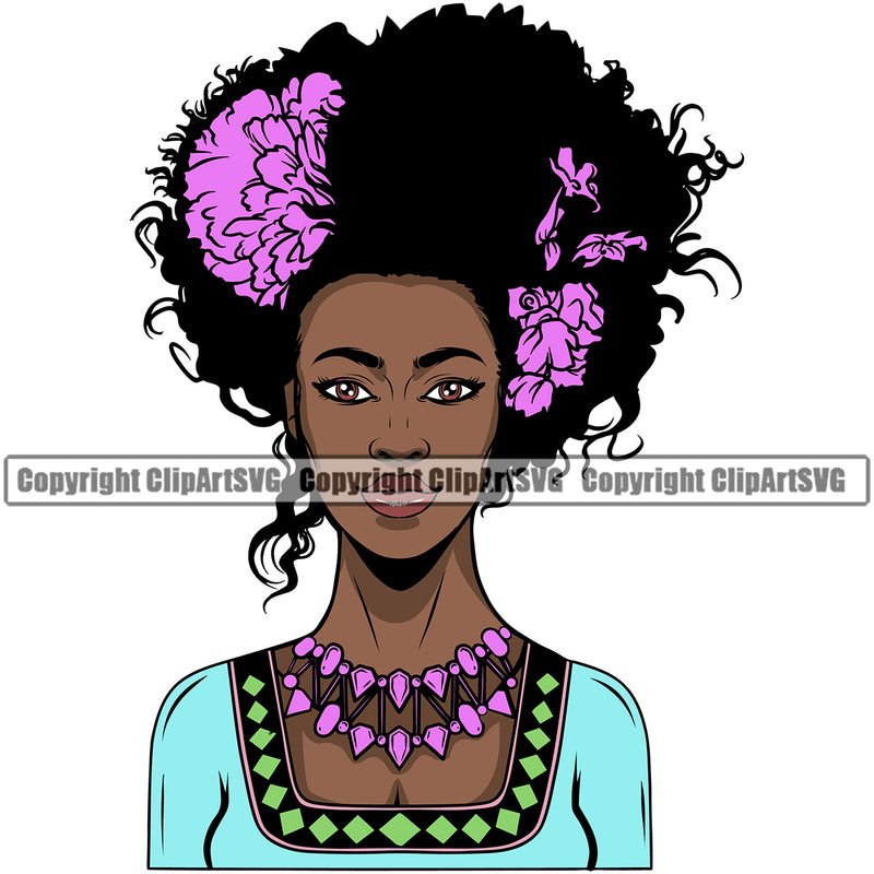 Black Woman African American Lady Afro Hair Style Flower On Hair Design Element White Background Nubian Queen Cartoon Character Cute Female Afro Pretty Girl Art Logo Clipart SVG