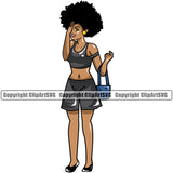 Black Woman Holding Bag And Close Eyes Design Element African American Lady Afro Hair Style Design Element Nubian Queen Cartoon Character Cute Female Afro Pretty Girl Art Logo Clipart SVG