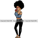 Black Woman Wearing Sunglasses And Holding Coffee Mug African American Lady Standing Design Element Nubian Queen Cartoon Character Cute Female Afro Pretty Girl Art Logo Clipart SVG