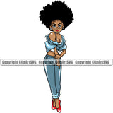 Black Woman Standing Sexy Pose Afro Hair Style African American Lady Wearing Sunglass Nubian Queen Cartoon Character Cute Female Afro Pretty Girl Art Logo Clipart SVG