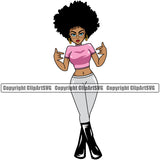 Black Woman Rock And Roll Hand Sign Design Element African American Lady Afro Hair Style Nubian Queen Cartoon Character Cute Female Afro Pretty Girl Art Logo Clipart SVG