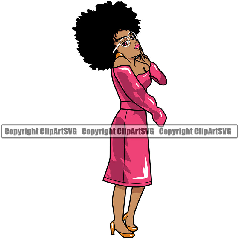Black Woman Wearing Red Color Dress And Sunglasses African American Lady Afro Hair Style Design Element Nubian Queen Cartoon Character Cute Female Afro Pretty Girl Art Logo Clipart SVG