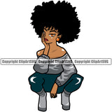 Black Woman Sitting Pose Afro Hair Style Design Element Big Eyes White Background African American Lady Nubian Queen Cartoon Character Cute Female Afro Pretty Girl Art Logo Clipart SVG