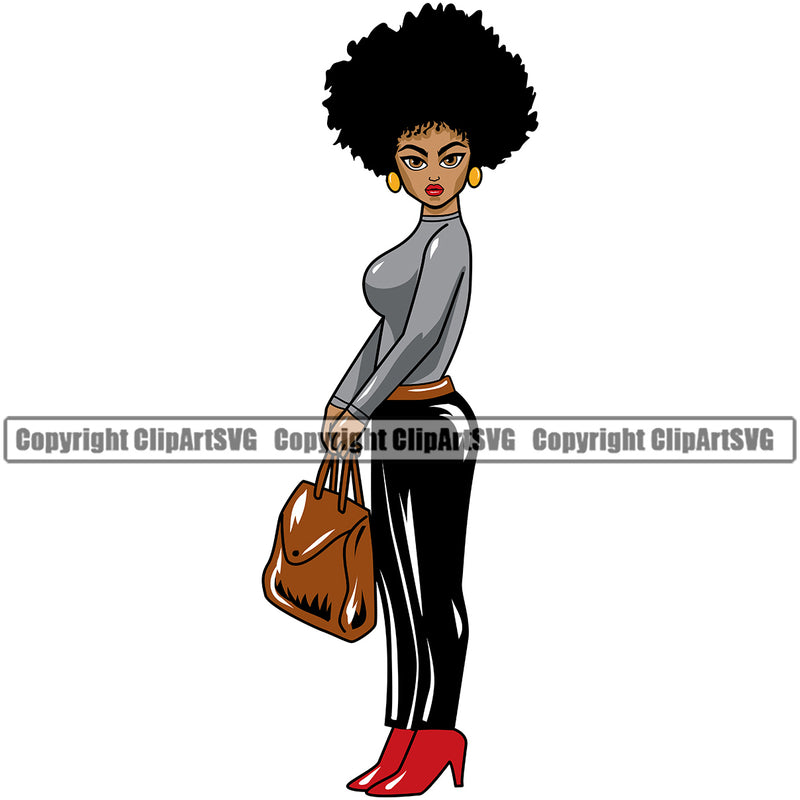Black Woman Standing Sexy Pose Holding Bag Design Element Wearing Sunglass African American Lady Nubian Queen Cartoon Character Cute Female Afro Pretty Girl Art Logo Clipart SVG