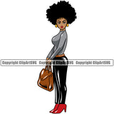 Black Woman Standing Sexy Pose Holding Bag Design Element Wearing Sunglass African American Lady Nubian Queen Cartoon Character Cute Female Afro Pretty Girl Art Logo Clipart SVG