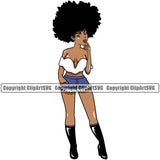 Black Woman Wearing Short Dress And Afro Hair Style Design Element African American Lady Big Eyes Nubian Queen Cartoon Character Cute Female Afro Pretty Girl Art Logo Clipart SVG