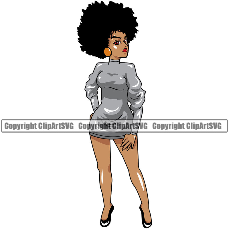 Black Woman Standing Pose White Background African American Lady Big Eyes Design Element Nubian Queen Cartoon Character Cute Female Afro Pretty Girl Art Logo Clipart SVG
