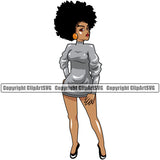 Black Woman Standing Pose White Background African American Lady Big Eyes Design Element Nubian Queen Cartoon Character Cute Female Afro Pretty Girl Art Logo Clipart SVG