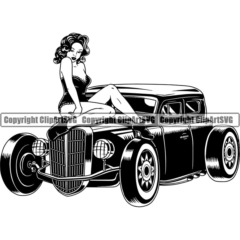 Sexy Girl Sitting On Old Car Chain Logo Mechanic Engine Auto Repair Automotive Service Car Truck Motorcycle Technician Garage Shop Vehicle Maintenance Design Element Company Business Logo Clipart SVG