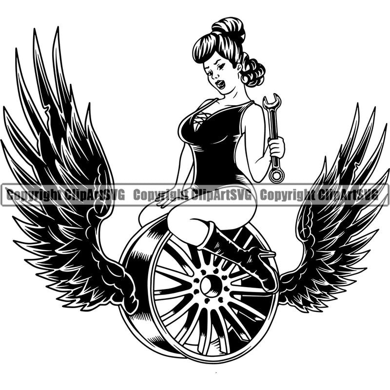 Sexy Girl Sitting On Rim With Wings Holding Wrench Mechanic Engine Auto Repair Automotive Service Car Truck Motorcycle Technician Garage Shop Vehicle Maintenance Design Element Company Business Logo Clipart SVG